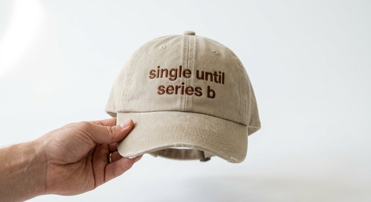 single until series b embroidered dad hat in beige, hand-held showing front embroidery
